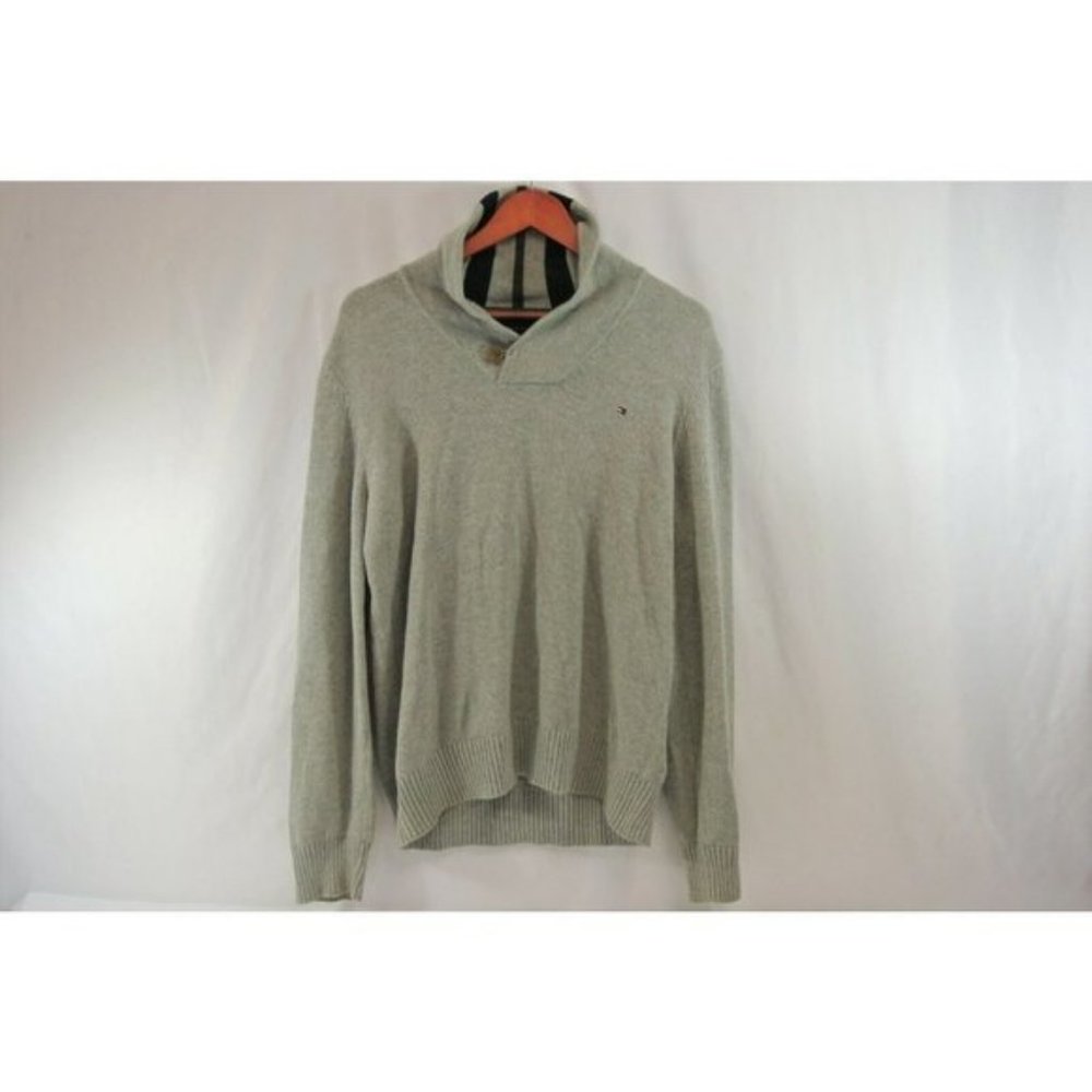 Tommy Hilfiger Sweater Shawl Neck Button Gray Knit  Mens Large 100% Cotton